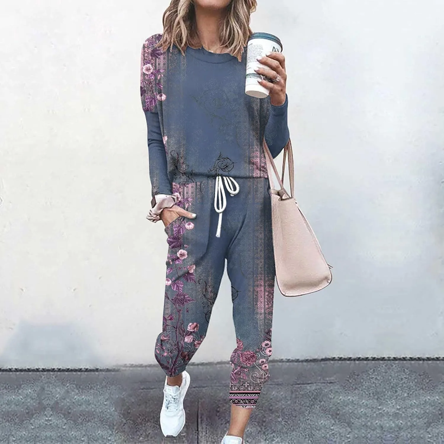 Pajamas Set for Women Women's Solid Color Casual Two Trouser Suit with Small Feet Round Neck 2-Piece Lounge