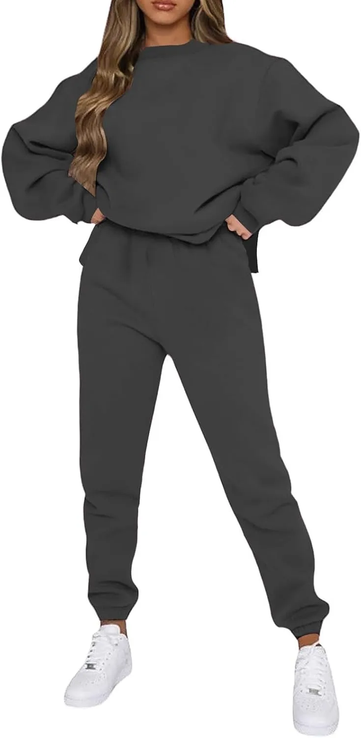 Pajamas Set for Women Women's Solid Color Casual Two Trouser Suit with Small Feet Round Neck 2-Piece Lounge