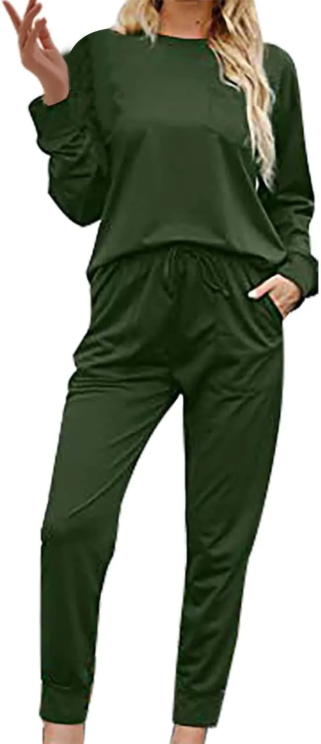 Pajamas Set for Women Women's Solid Color Casual Two Trouser Suit with Small Feet Round Neck 2-Piece Lounge