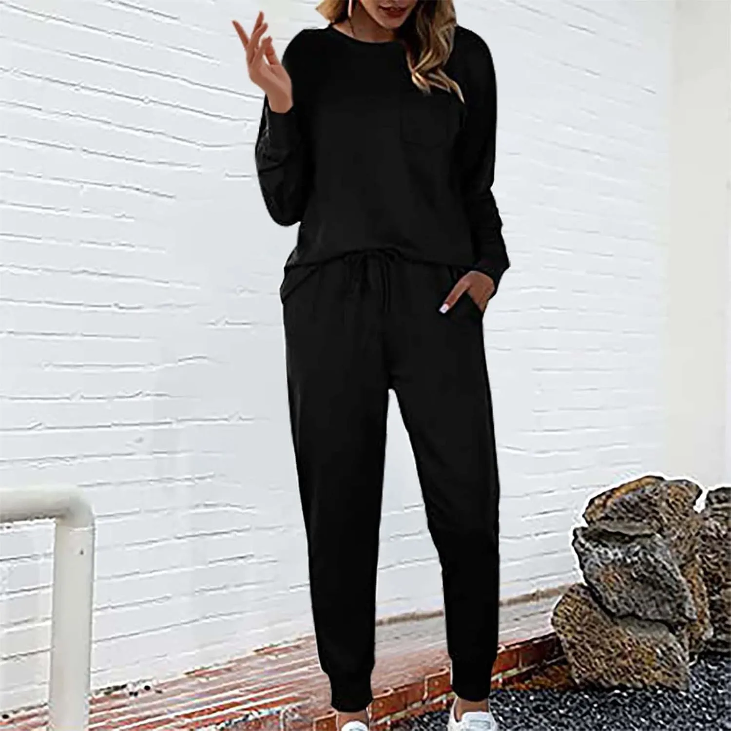 Pajamas Set for Women Women's Solid Color Casual Two Trouser Suit with Small Feet Round Neck 2-Piece Lounge