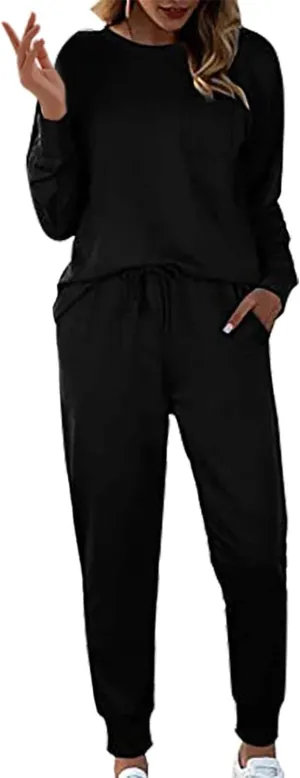 Pajamas Set for Women Women's Solid Color Casual Two Trouser Suit with Small Feet Round Neck 2-Piece Lounge