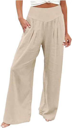 Palazzo Pants For Women Dressy Plus Size Linen Boho Wide Leg Soft Sweapants 2024 Summer Beach Travel Lounge Trouser