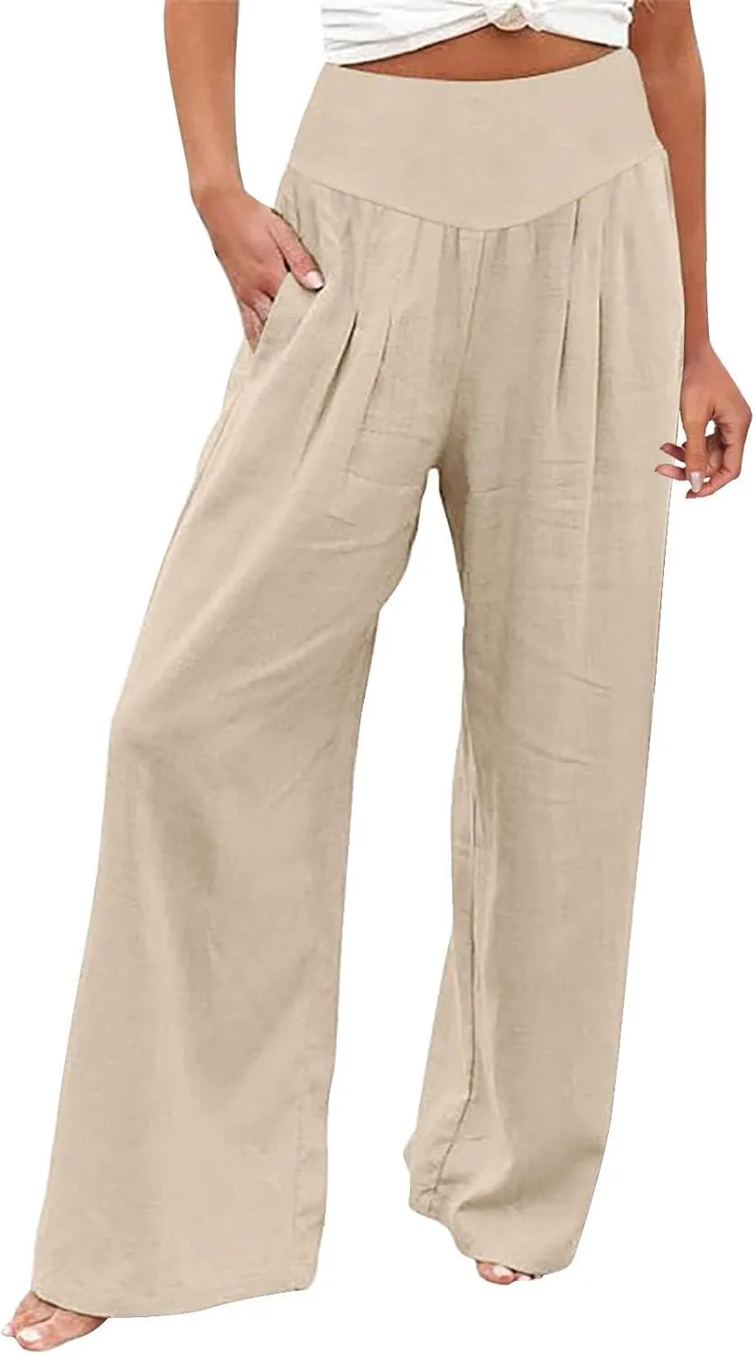 Palazzo Pants For Women Dressy Plus Size Linen Boho Wide Leg Soft Sweapants 2024 Summer Beach Travel Lounge Trouser