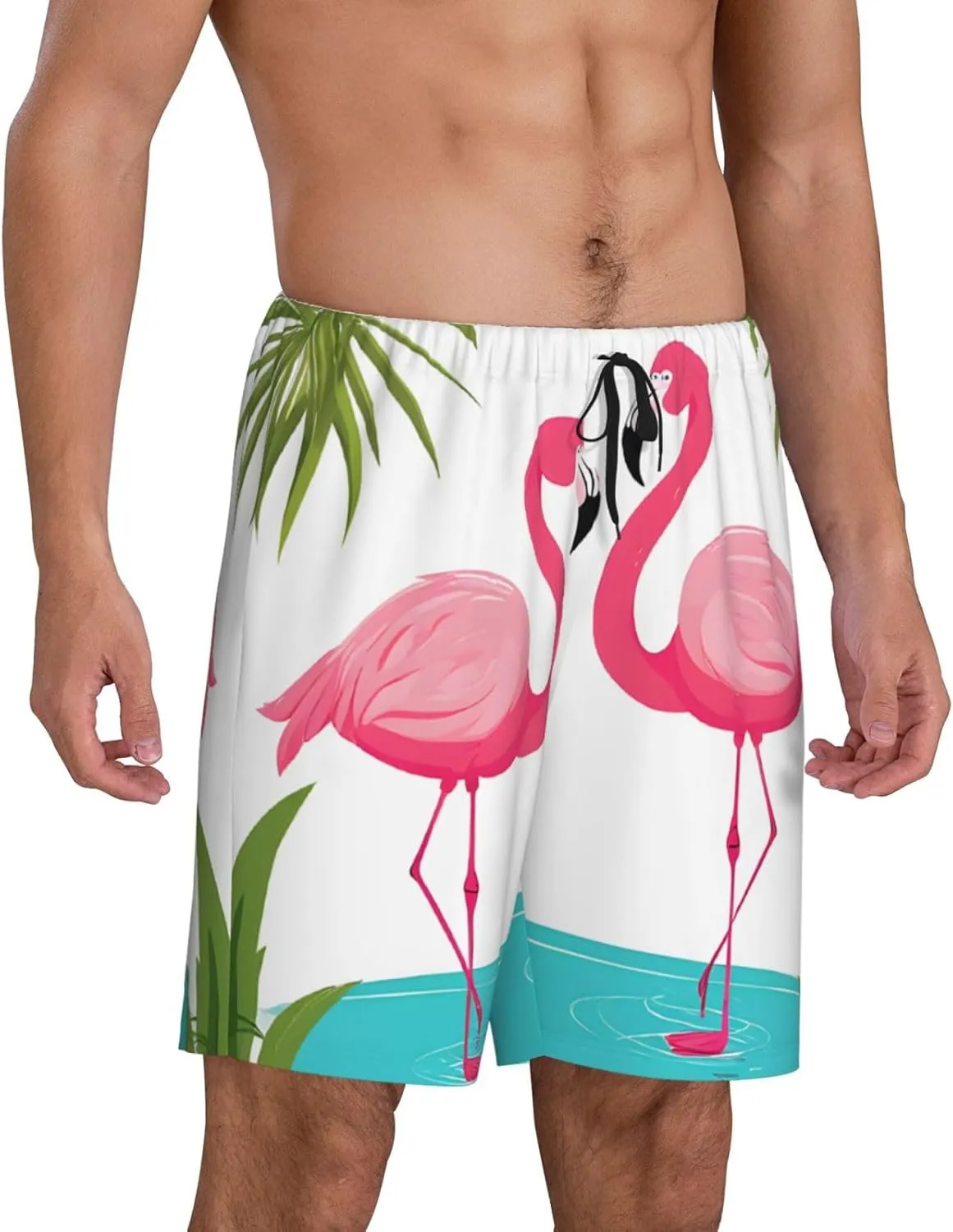 Palm Leaf and Flamingos Couple Print Men's Short Pajama Pants, Comfortable, and Breathable Sleepwear with Side Pockets