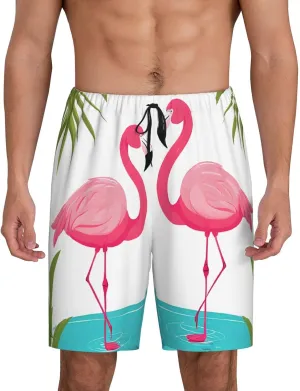 Palm Leaf and Flamingos Couple Print Men's Short Pajama Pants, Comfortable, and Breathable Sleepwear with Side Pockets