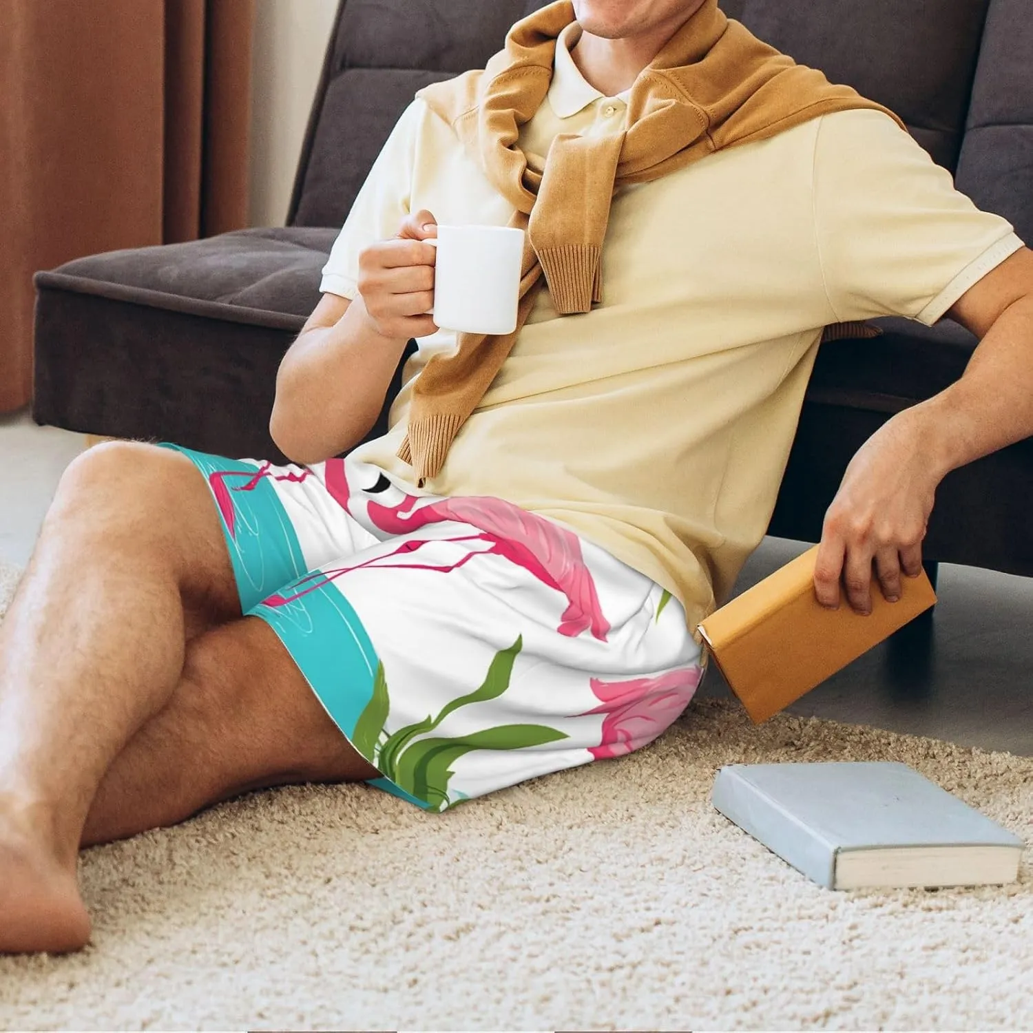 Palm Leaf and Flamingos Couple Print Men's Short Pajama Pants, Comfortable, and Breathable Sleepwear with Side Pockets