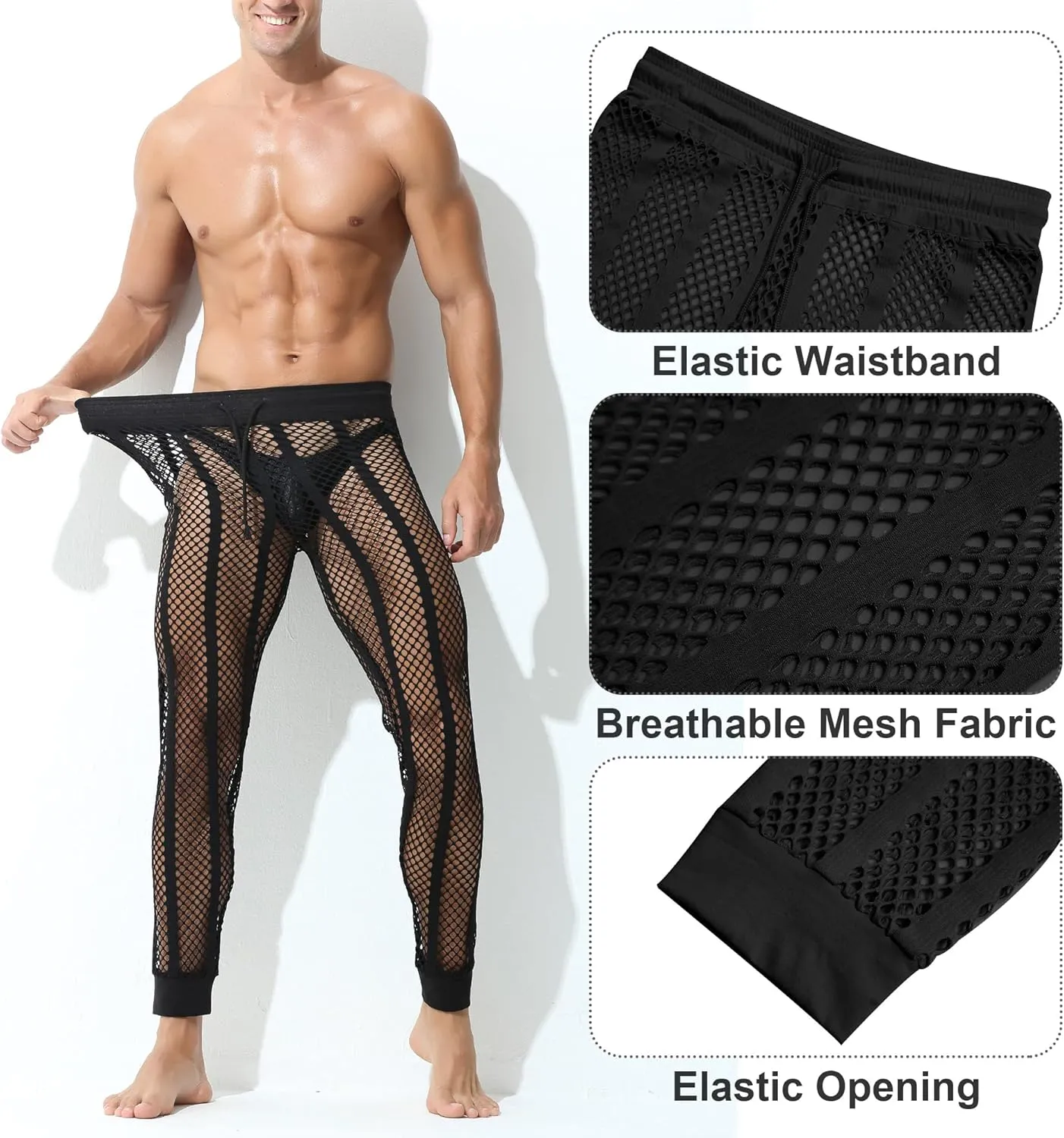 Panegy Men's Fishnet Legging Pants & Shorts Mesh Drawstring Loose Lounge Pants Swim Shorts
