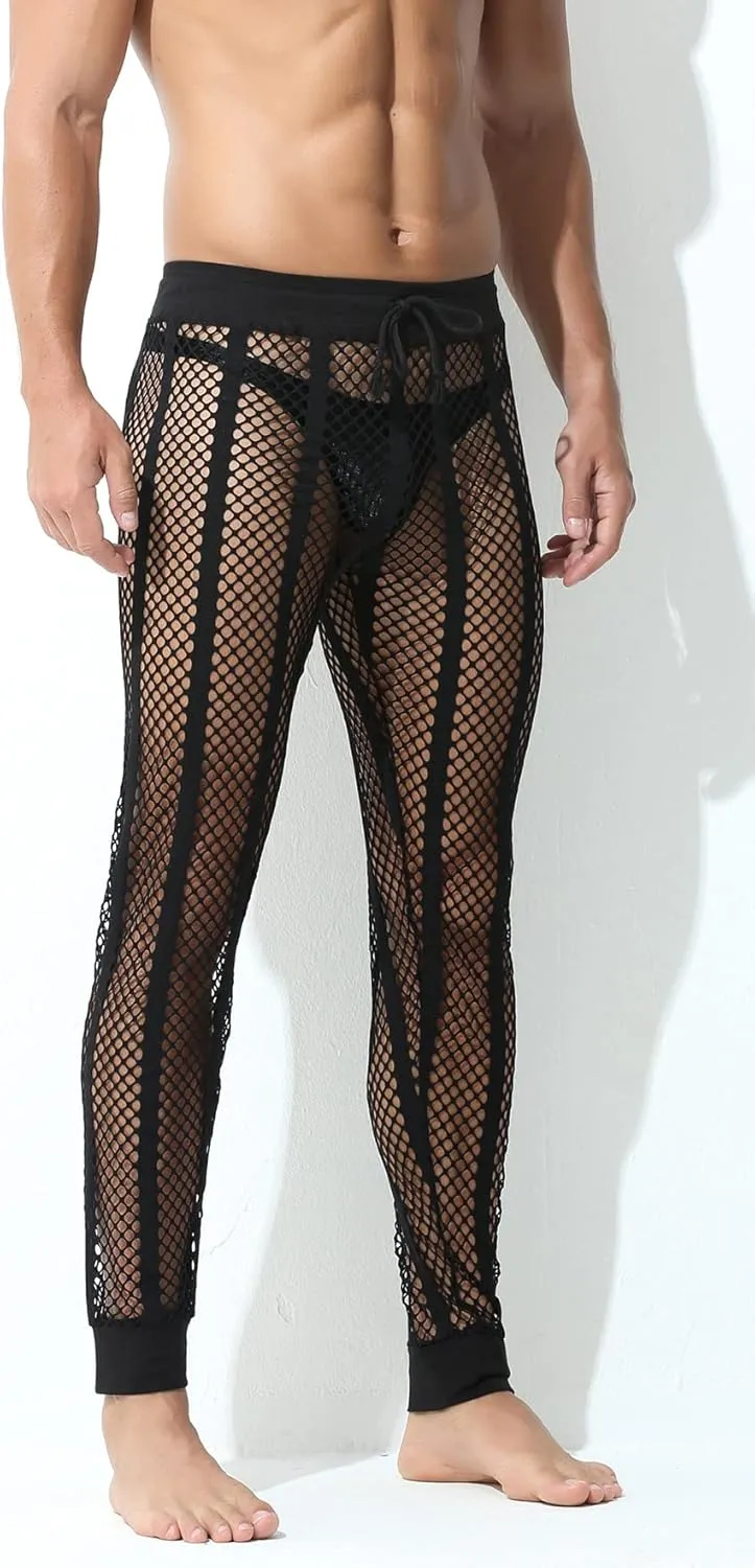 Panegy Men's Fishnet Legging Pants & Shorts Mesh Drawstring Loose Lounge Pants Swim Shorts