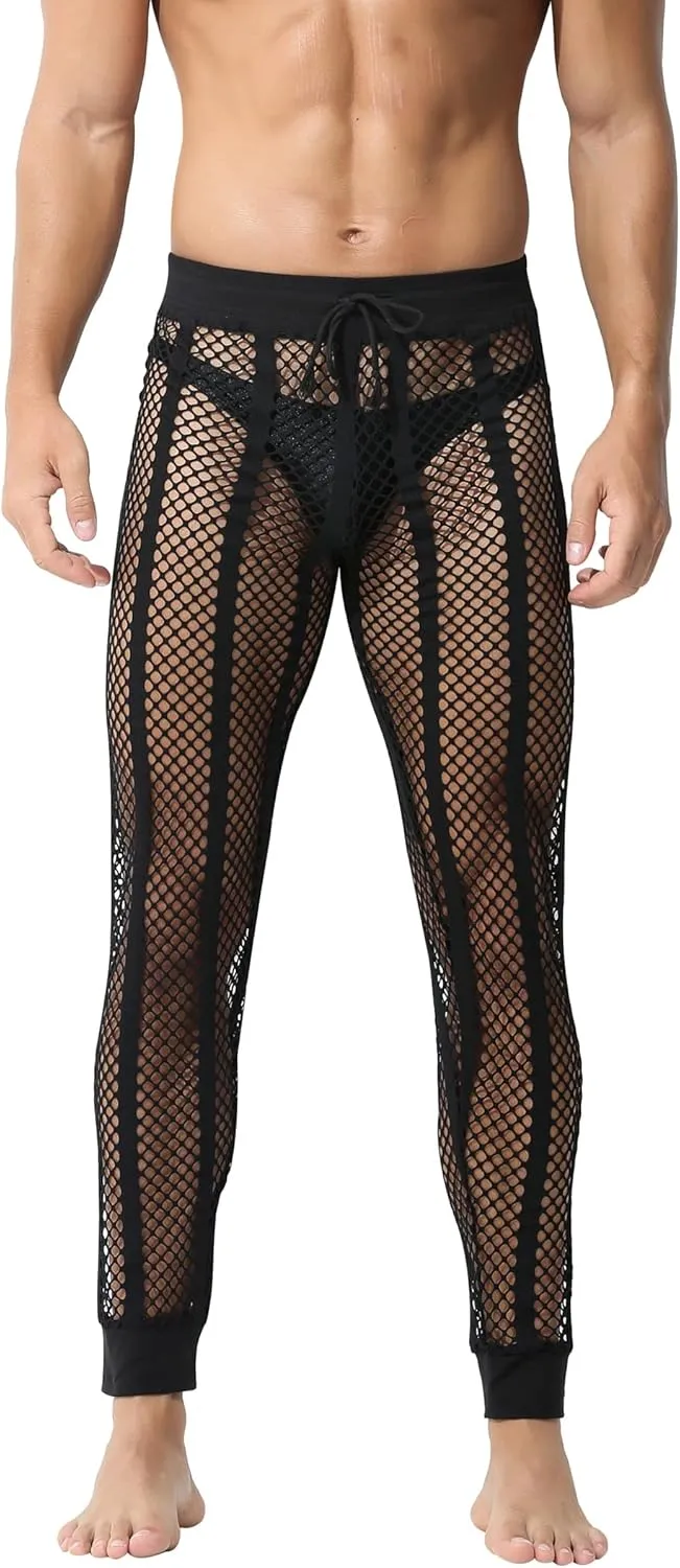 Panegy Men's Fishnet Legging Pants & Shorts Mesh Drawstring Loose Lounge Pants Swim Shorts