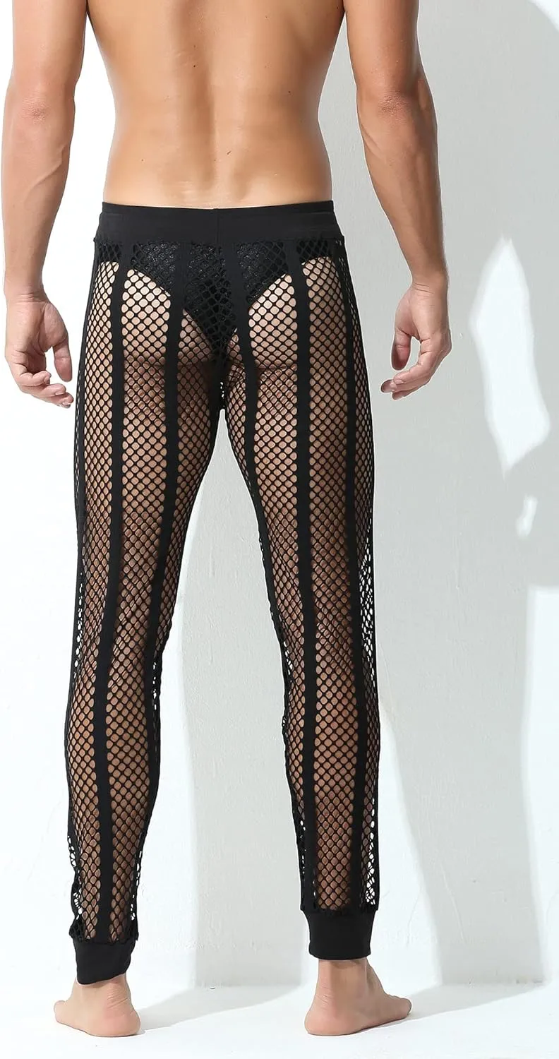 Panegy Men's Fishnet Legging Pants & Shorts Mesh Drawstring Loose Lounge Pants Swim Shorts