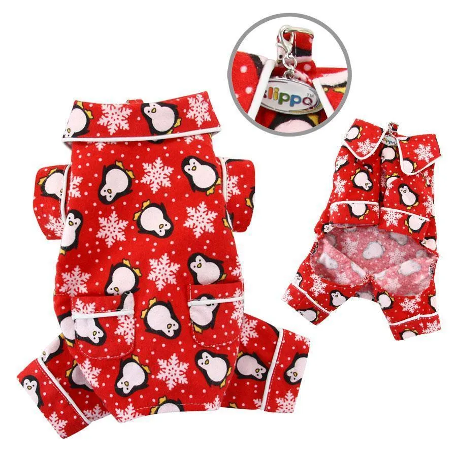 Penguins And Snowflakes Flannel Dog Pajamas Red