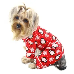 Penguins And Snowflakes Flannel Dog Pajamas Red