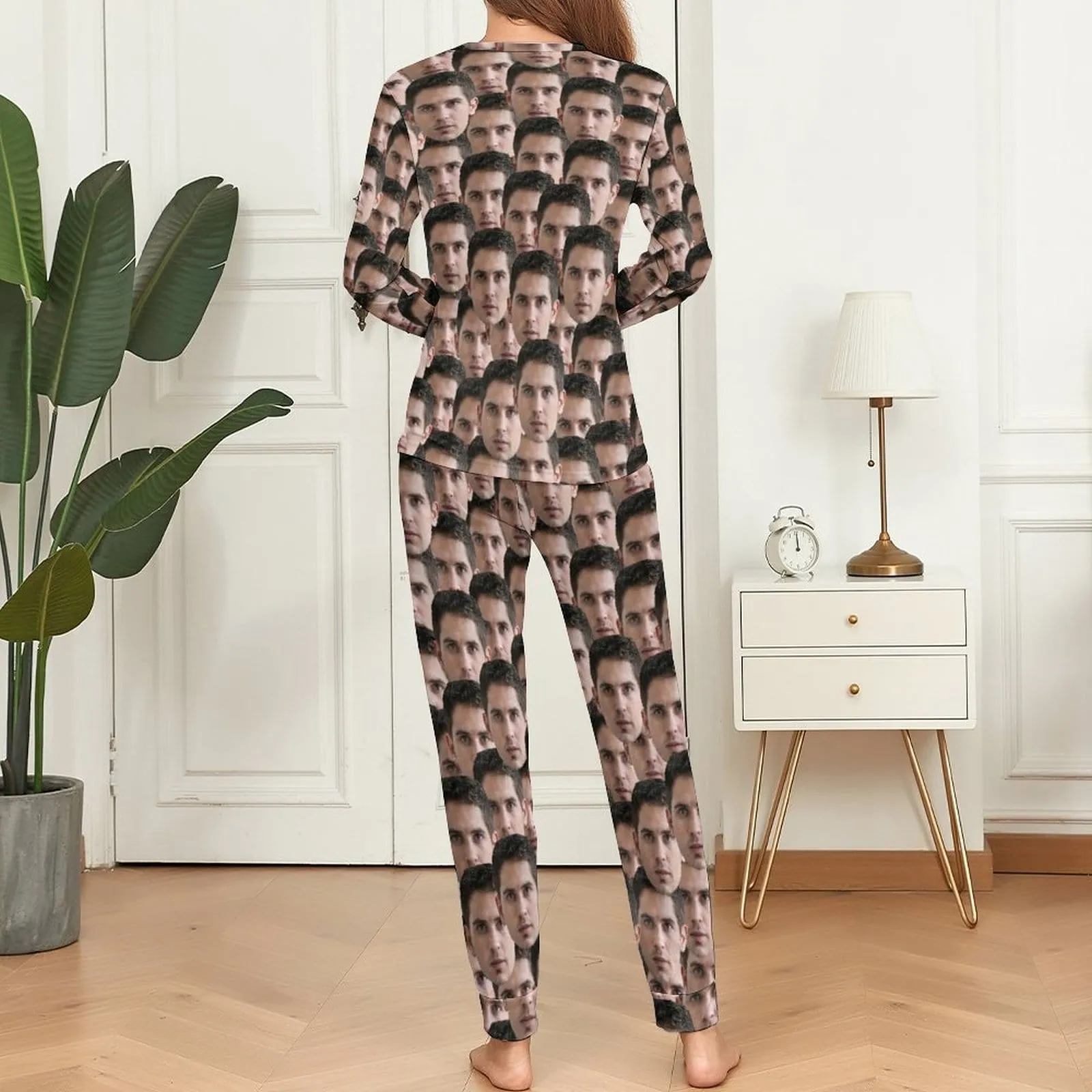 Personalized Photo Pajamas for Men Custom Face Lover's Head Crewneck Long Pajama Set Gifts for Couples