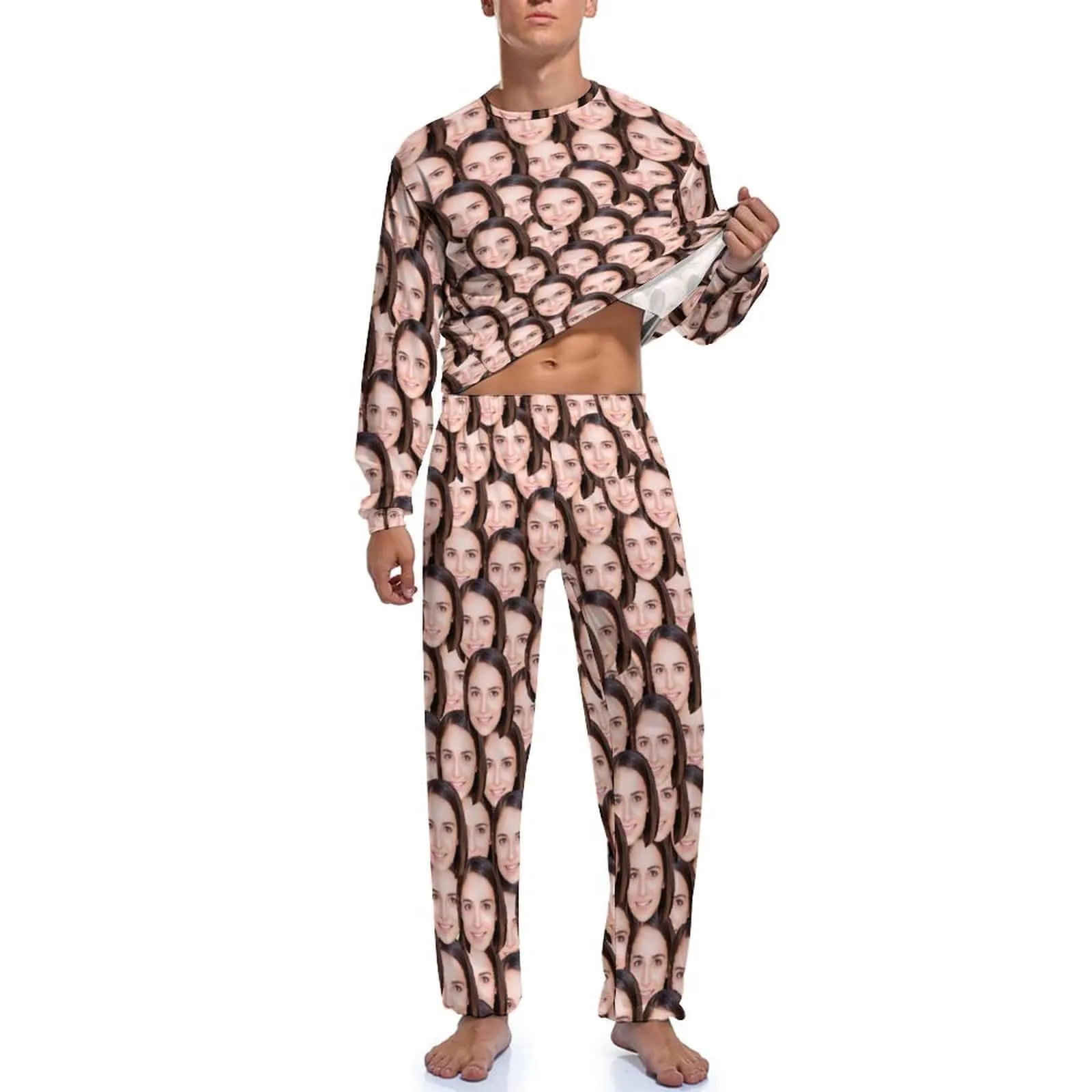 Personalized Photo Pajamas for Men Custom Face Lover's Head Crewneck Long Pajama Set Gifts for Couples
