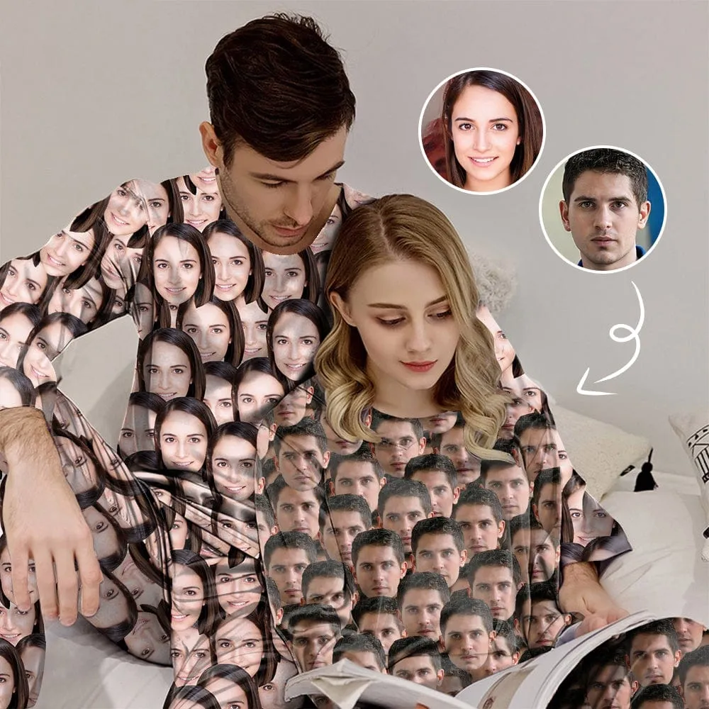 Personalized Photo Pajamas for Men Custom Face Lover's Head Crewneck Long Pajama Set Gifts for Couples