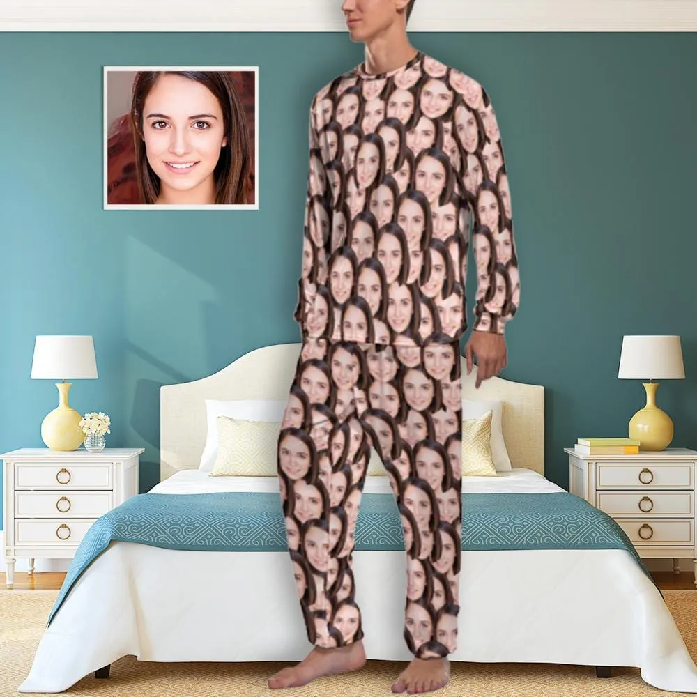 Personalized Photo Pajamas for Men Custom Face Lover's Head Crewneck Long Pajama Set Gifts for Couples