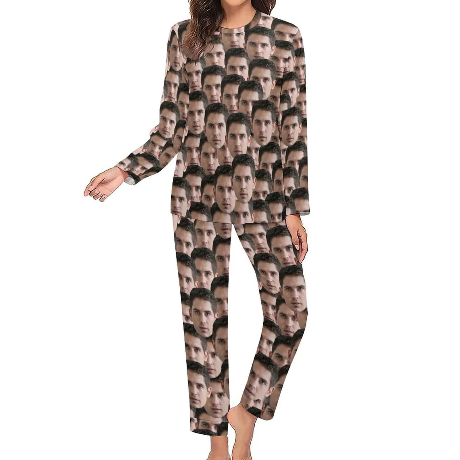 Personalized Photo Pajamas for Men Custom Face Lover's Head Crewneck Long Pajama Set Gifts for Couples