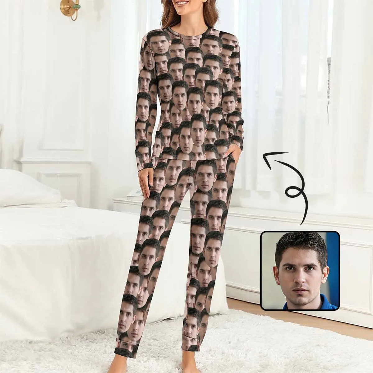 Personalized Photo Pajamas for Men Custom Face Lover's Head Crewneck Long Pajama Set Gifts for Couples
