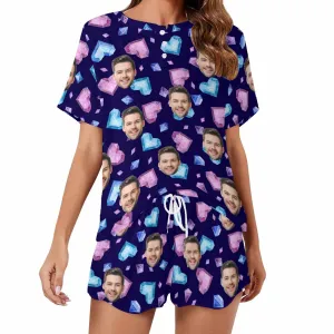 Personalized Valentine round neck Pajamas Set Photo for women Custom Short Sleepwear with Face for GF Wife Mom Gift