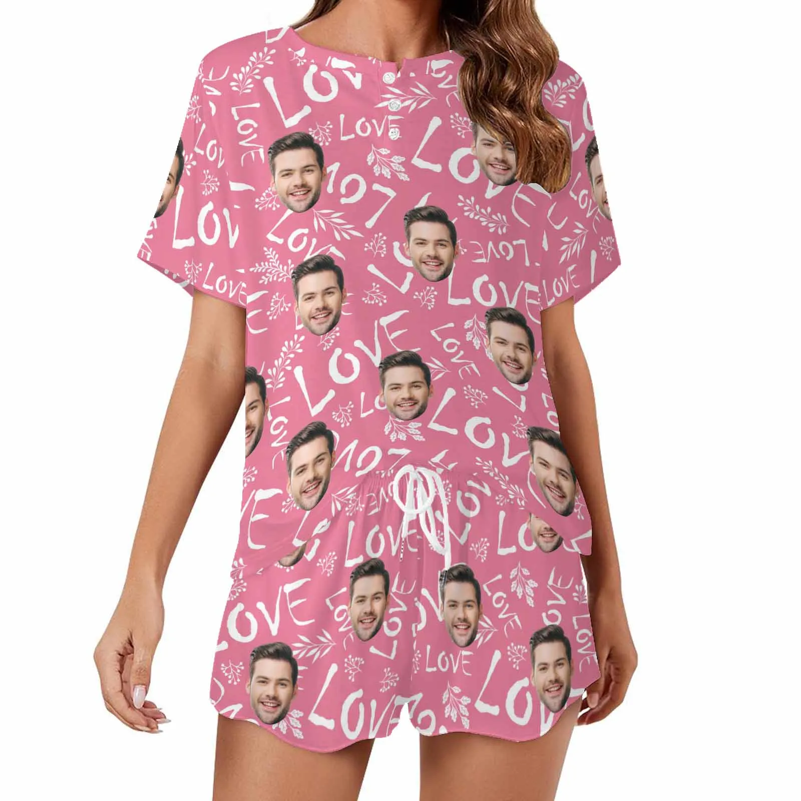 Personalized Valentine round neck Pajamas Set Photo for women Custom Short Sleepwear with Face for GF Wife Mom Gift