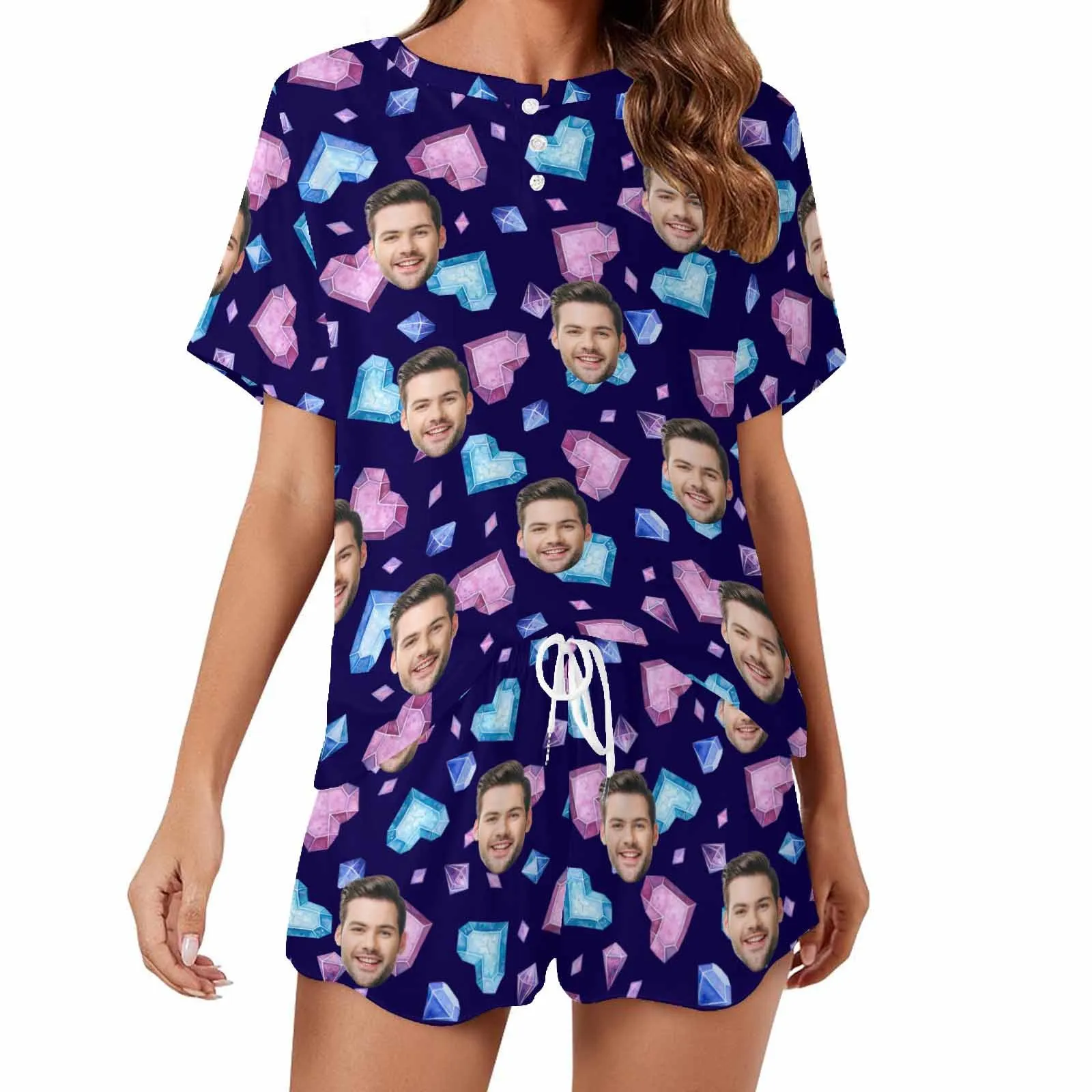 Personalized Valentine round neck Pajamas Set Photo for women Custom Short Sleepwear with Face for GF Wife Mom Gift