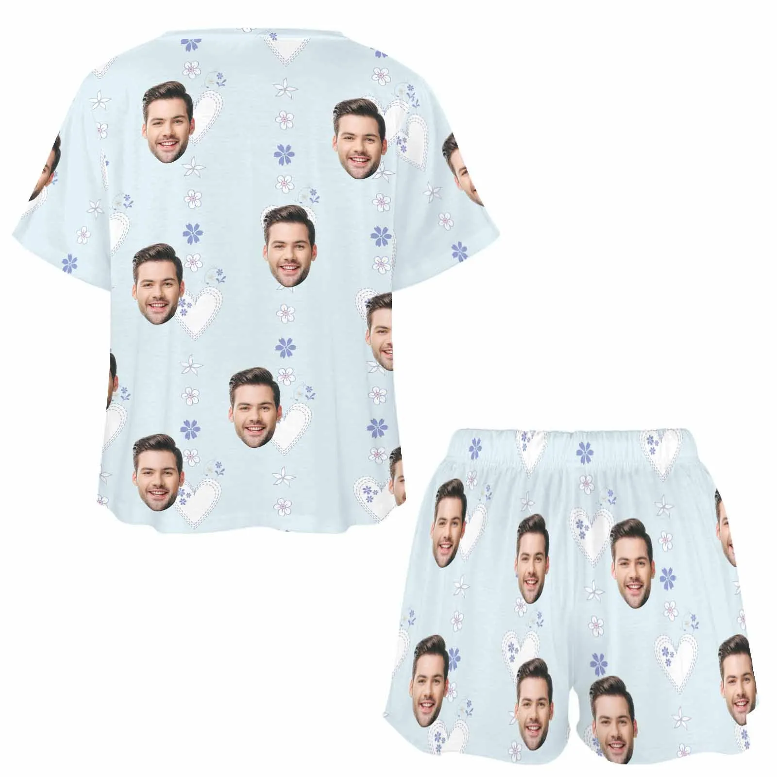 Personalized Valentine round neck Pajamas Set Photo for women Custom Short Sleepwear with Face for GF Wife Mom Gift