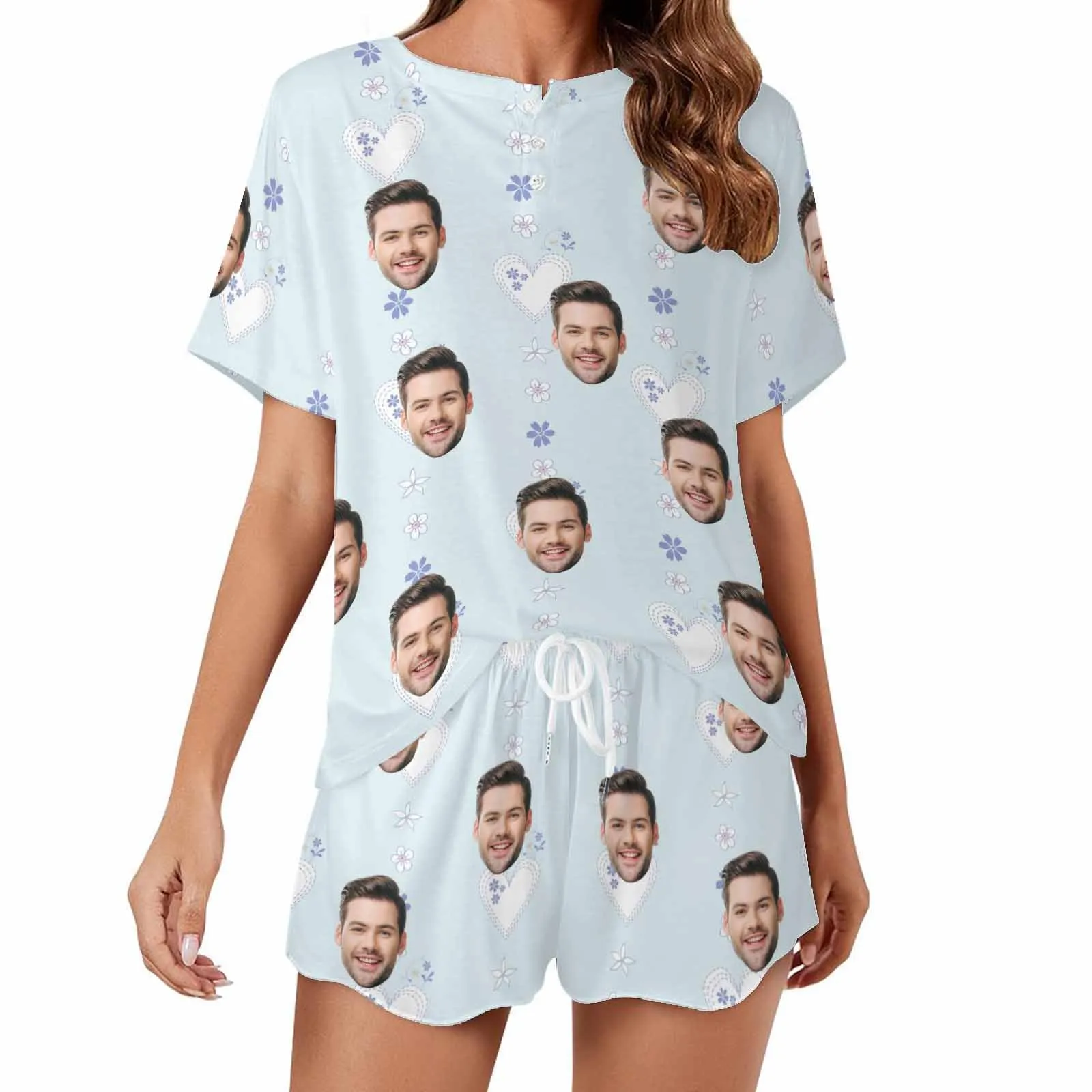 Personalized Valentine round neck Pajamas Set Photo for women Custom Short Sleepwear with Face for GF Wife Mom Gift