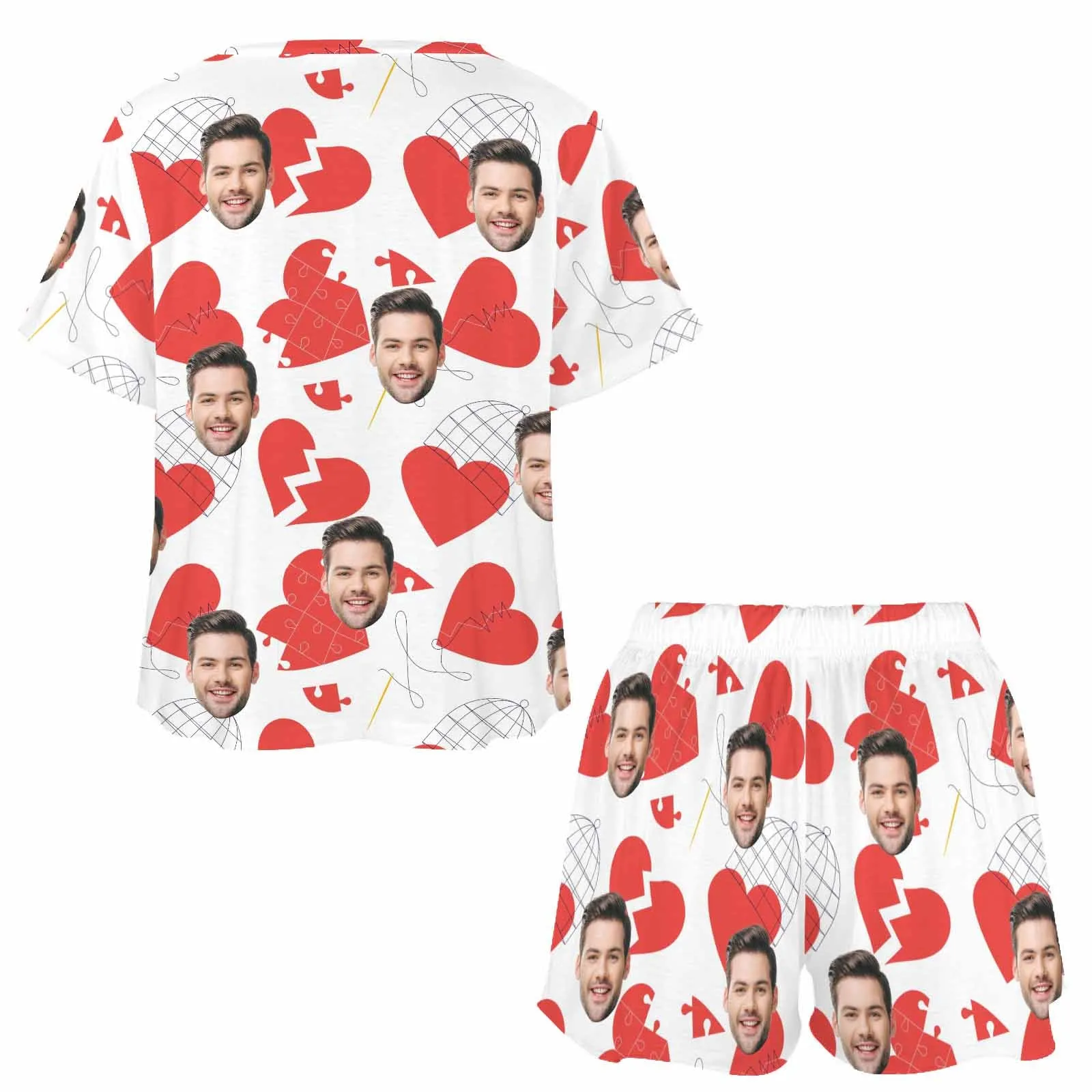 Personalized Valentine round neck Pajamas Set Photo for women Custom Short Sleepwear with Face for GF Wife Mom Gift