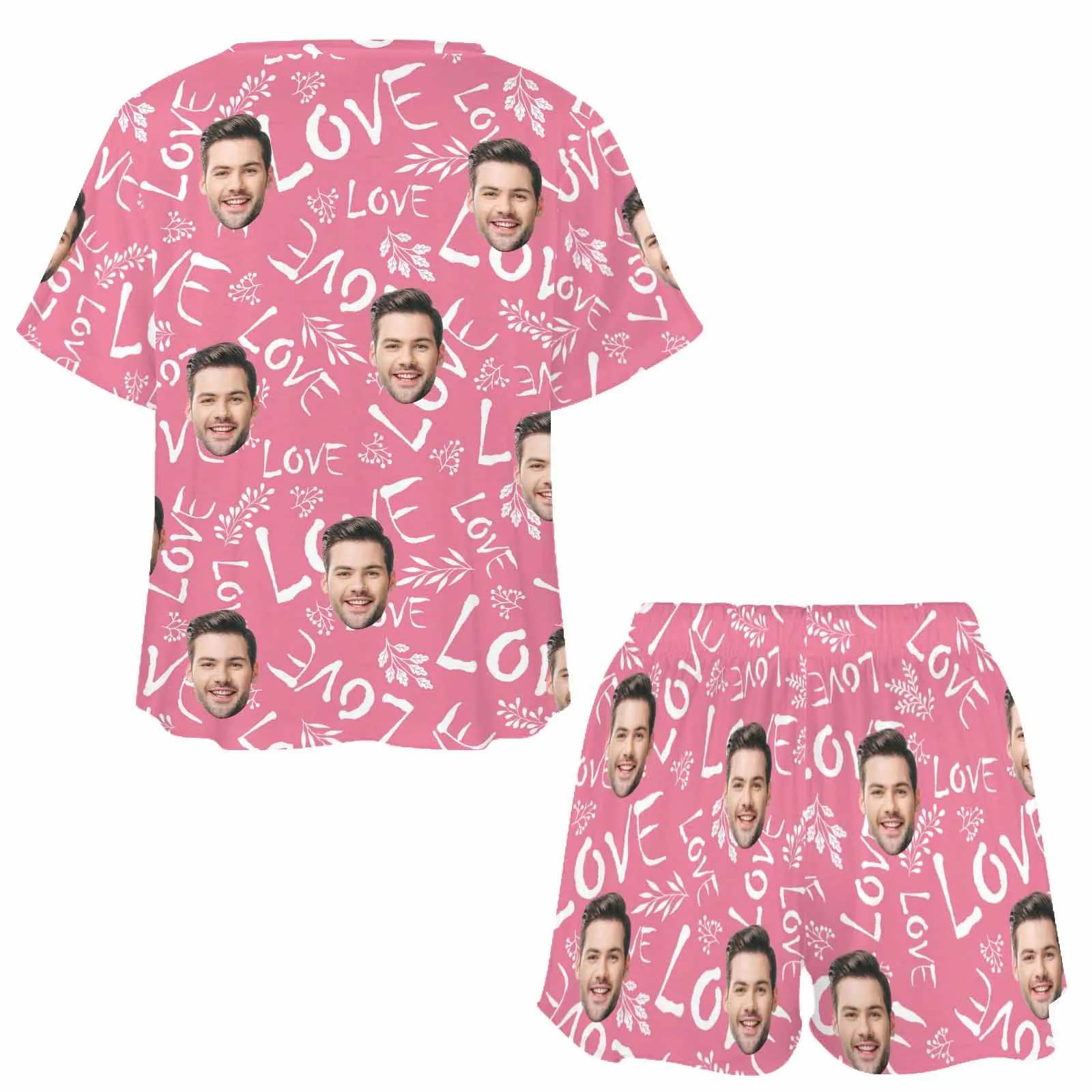 Personalized Valentine round neck Pajamas Set Photo for women Custom Short Sleepwear with Face for GF Wife Mom Gift