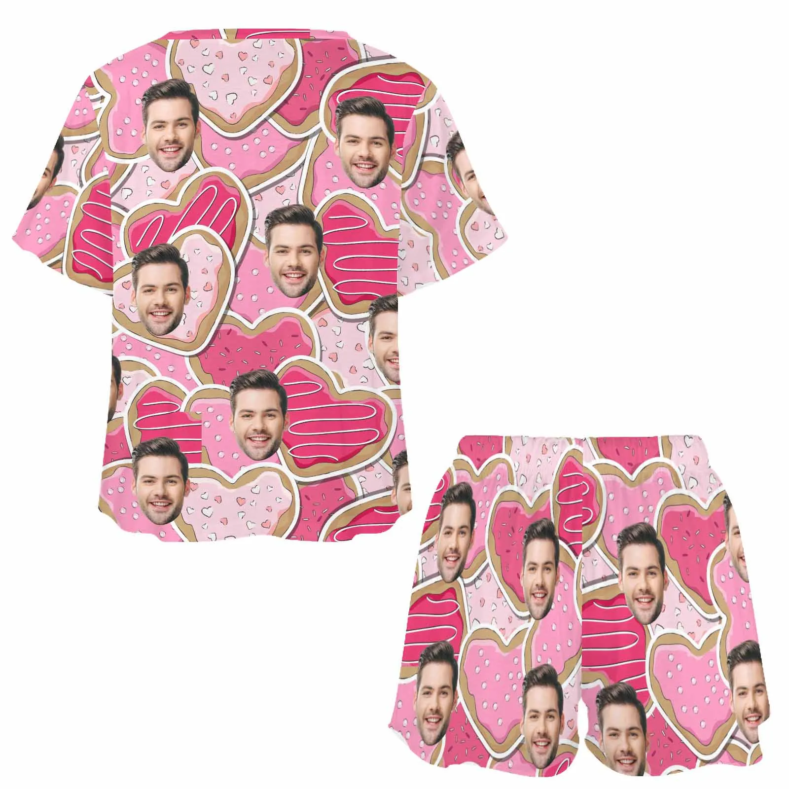 Personalized Valentine round neck Pajamas Set Photo for women Custom Short Sleepwear with Face for GF Wife Mom Gift