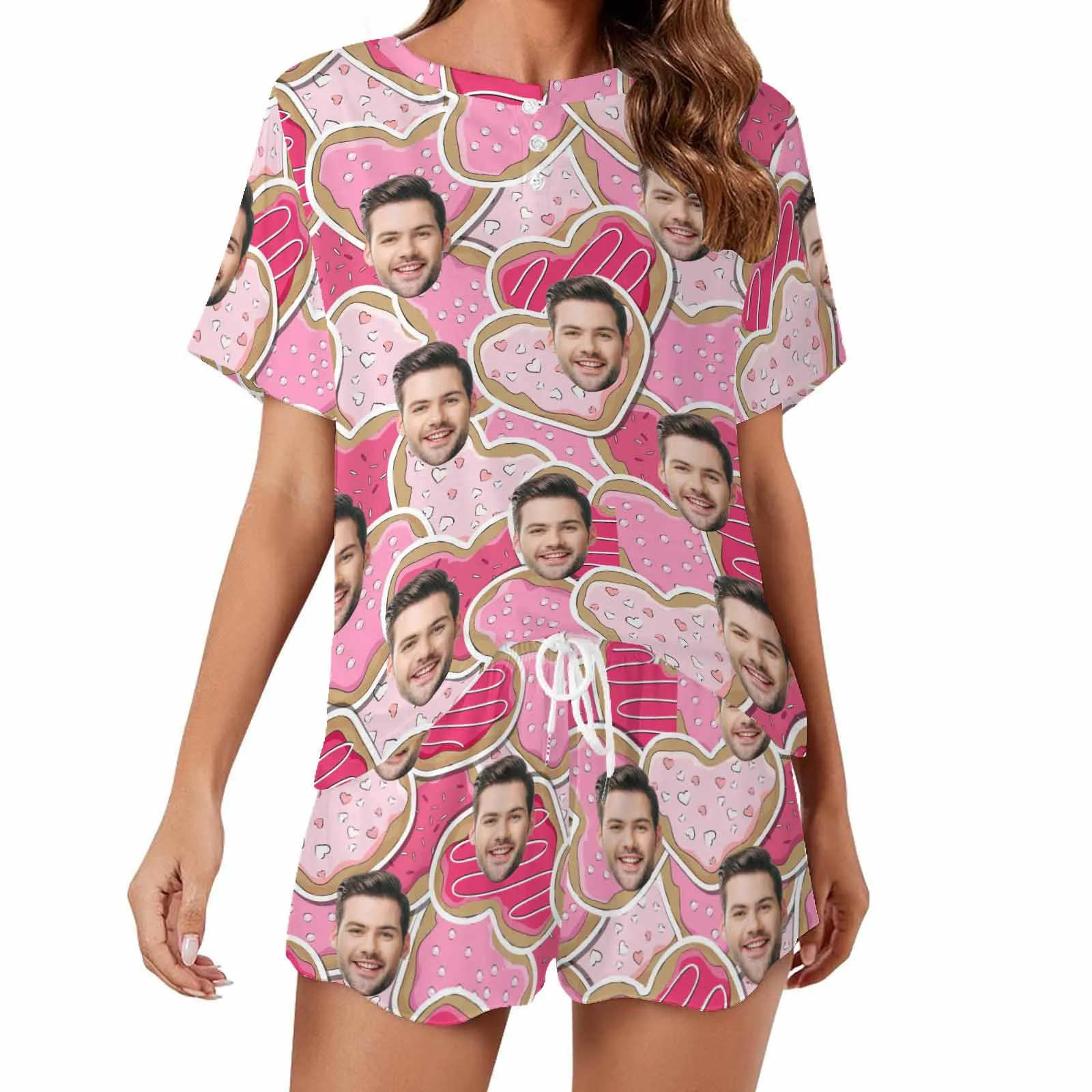 Personalized Valentine round neck Pajamas Set Photo for women Custom Short Sleepwear with Face for GF Wife Mom Gift