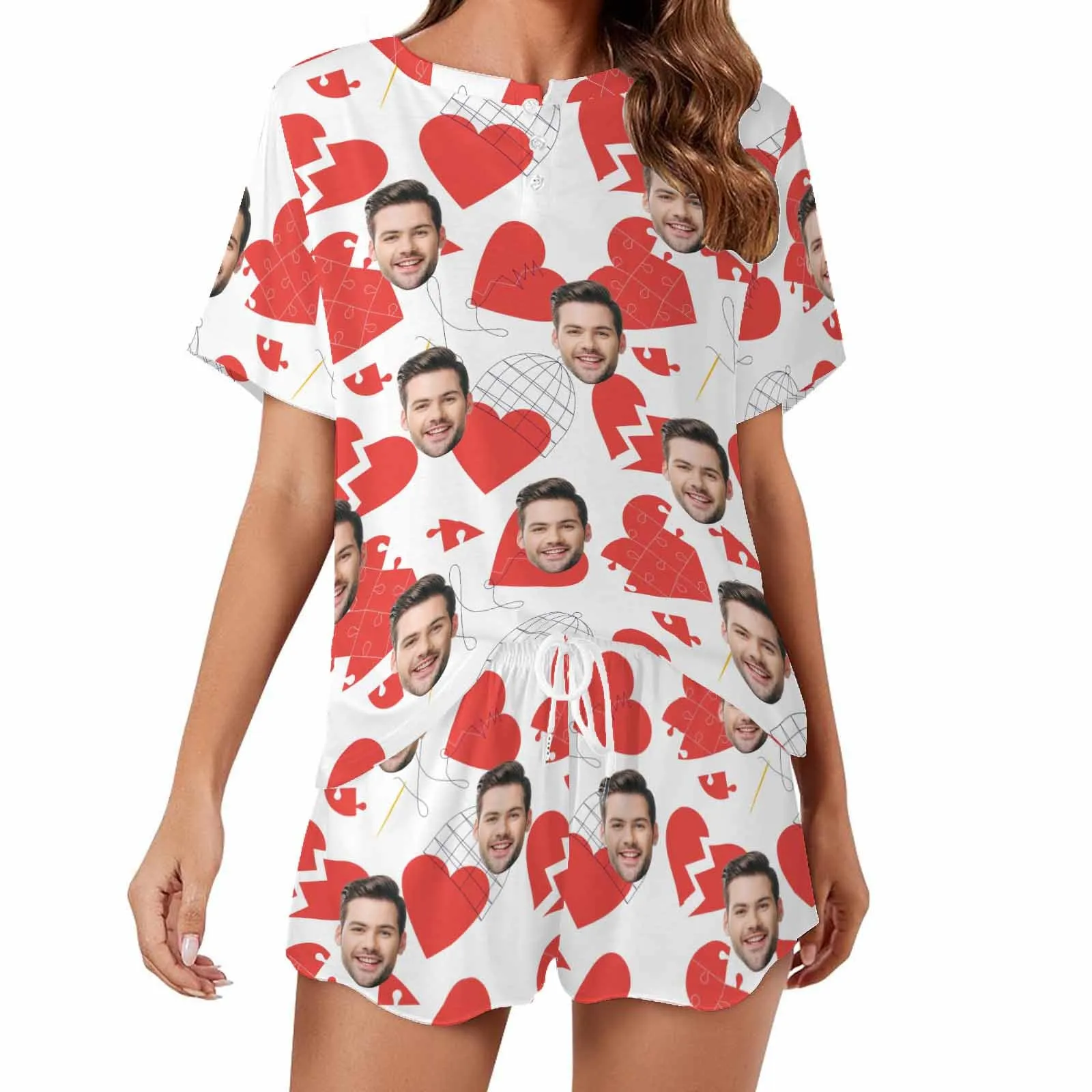 Personalized Valentine round neck Pajamas Set Photo for women Custom Short Sleepwear with Face for GF Wife Mom Gift