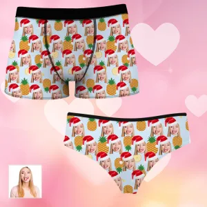 Pineapple Print Christmas Hat Customized Face Men's Boxer & Women's Underwear Set