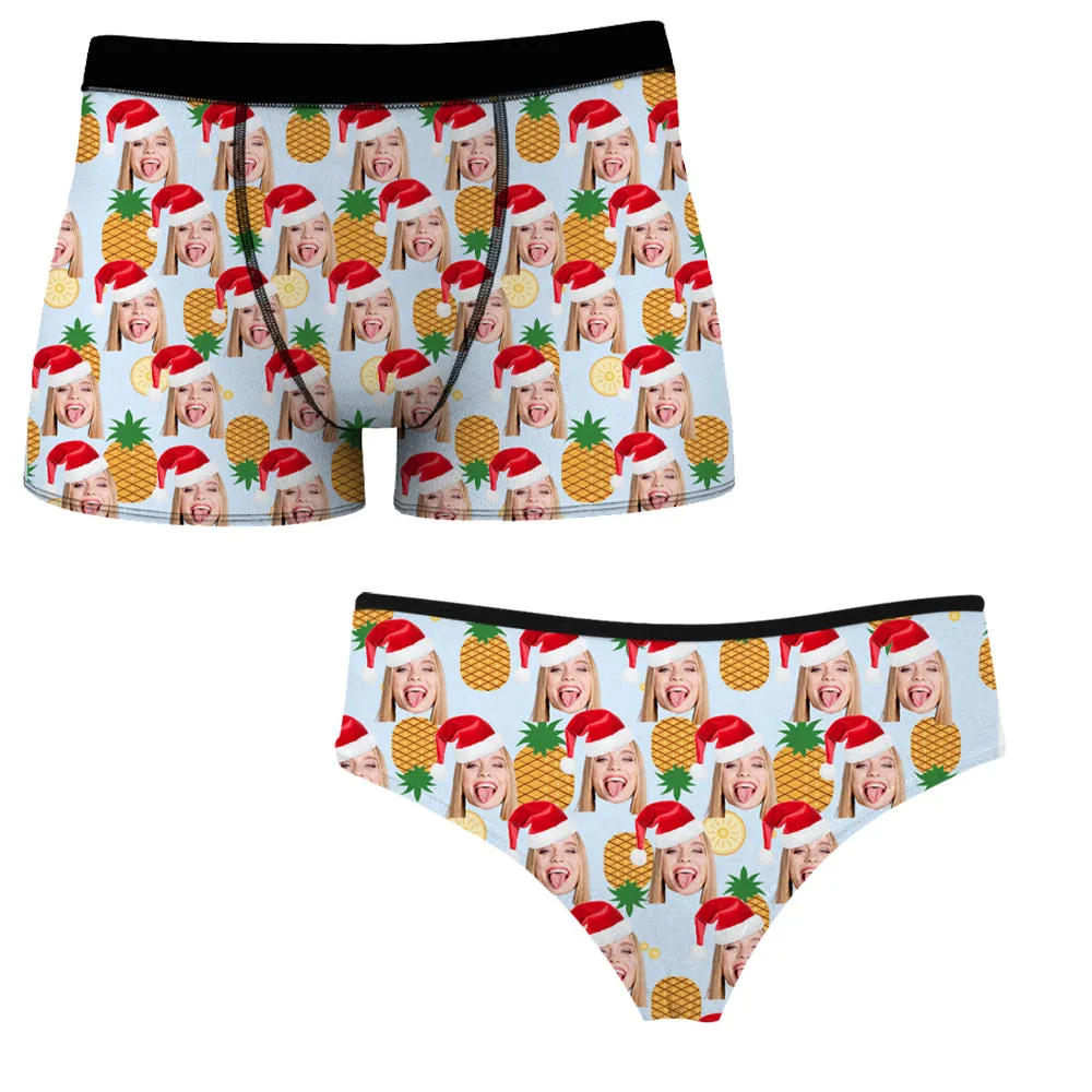 Pineapple Print Christmas Hat Customized Face Men's Boxer & Women's Underwear Set