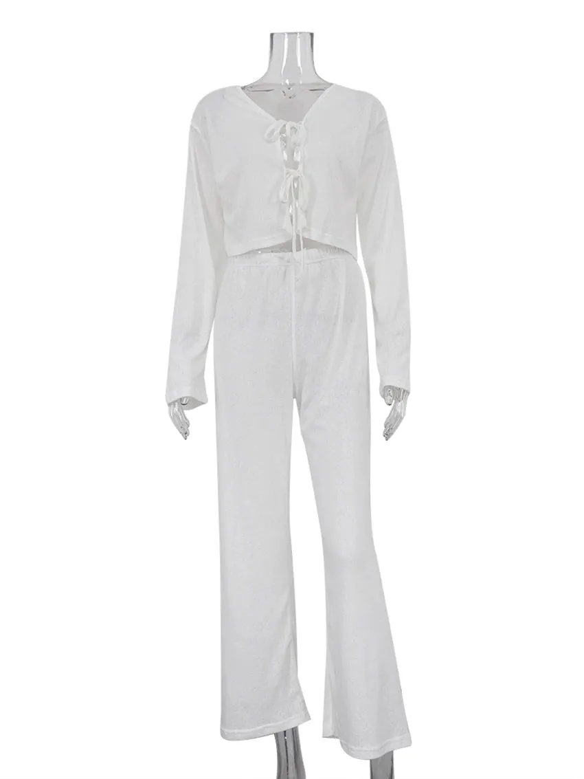 Pink Cotton Lounge Set with Lace-Up Top and Pants for Women