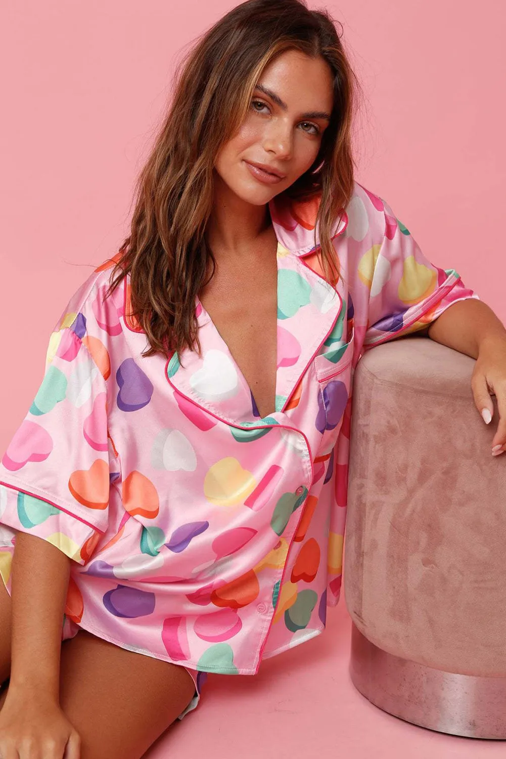 Pink Full Heart Pattern Shirt and Shorts Satin Pajama Set