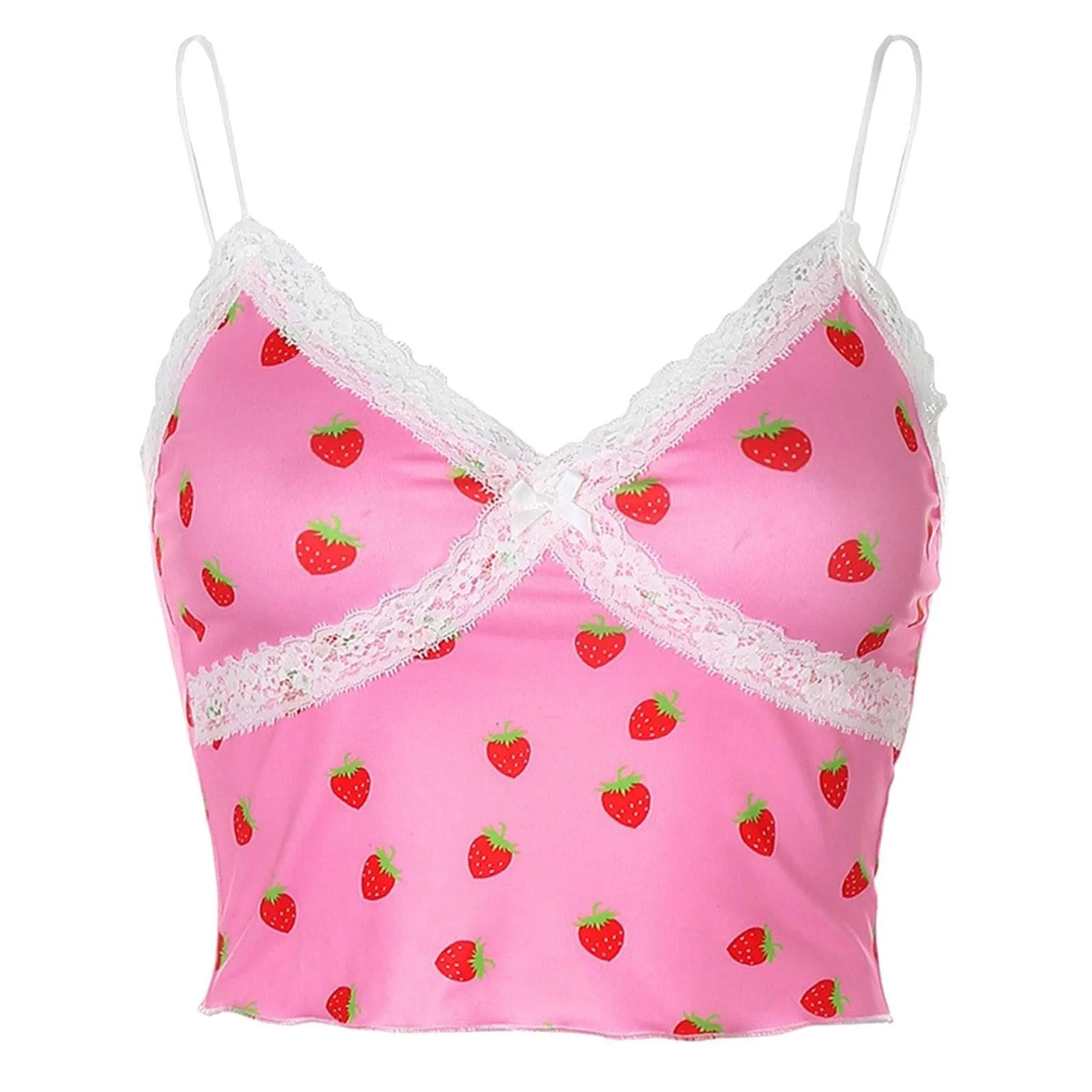 Pink Strawberry and White Lace Camisole Top: Cute top for indoors, outdoors, clubbing or nightwear