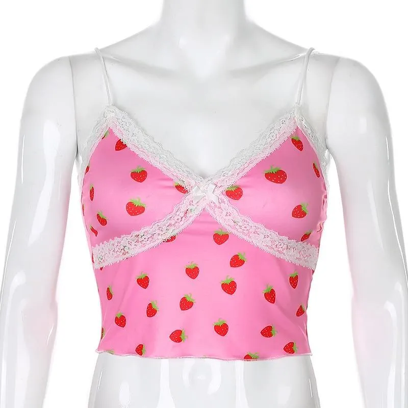 Pink Strawberry and White Lace Camisole Top: Cute top for indoors, outdoors, clubbing or nightwear