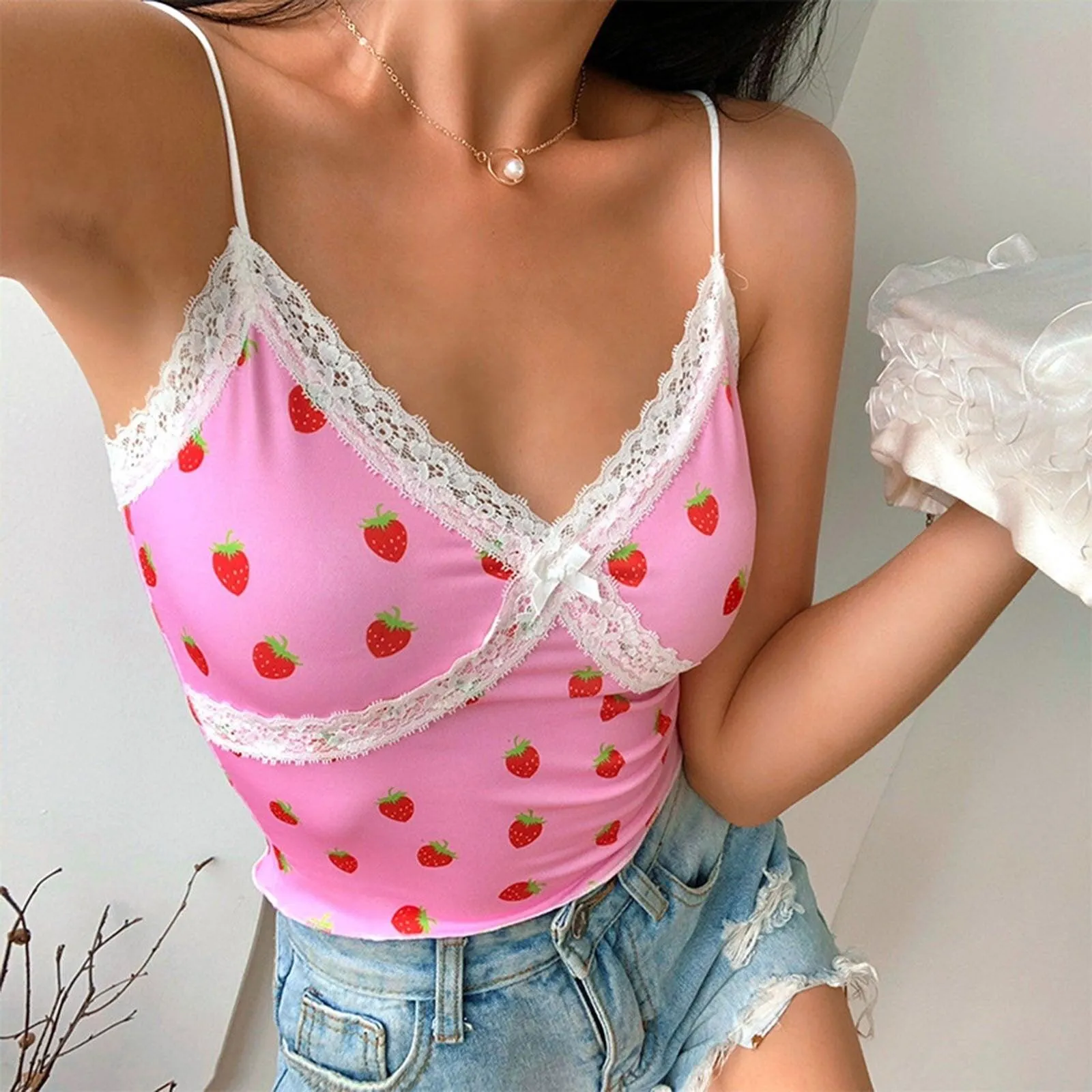 Pink Strawberry and White Lace Camisole Top: Cute top for indoors, outdoors, clubbing or nightwear