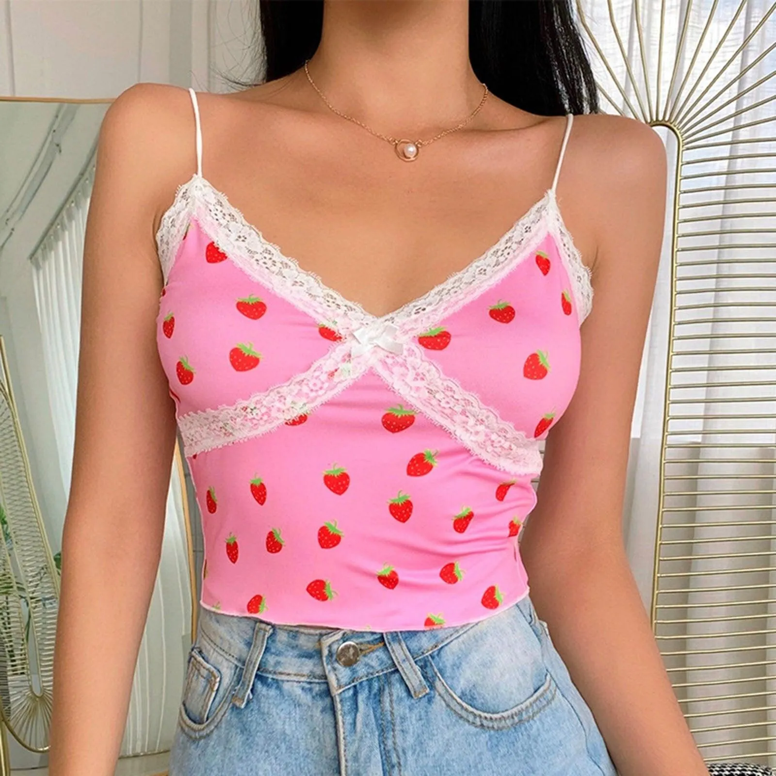 Pink Strawberry and White Lace Camisole Top: Cute top for indoors, outdoors, clubbing or nightwear