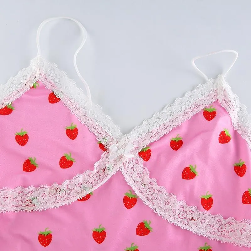 Pink Strawberry and White Lace Camisole Top: Cute top for indoors, outdoors, clubbing or nightwear