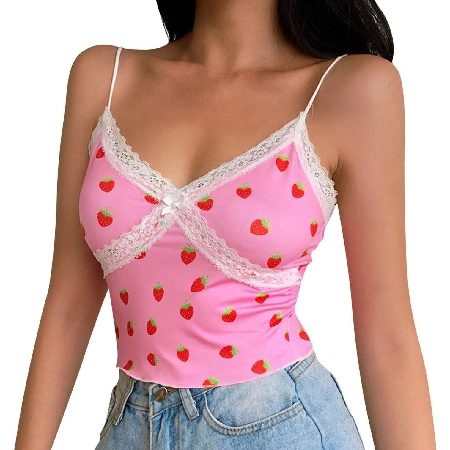 Pink Strawberry and White Lace Camisole Top: Cute top for indoors, outdoors, clubbing or nightwear