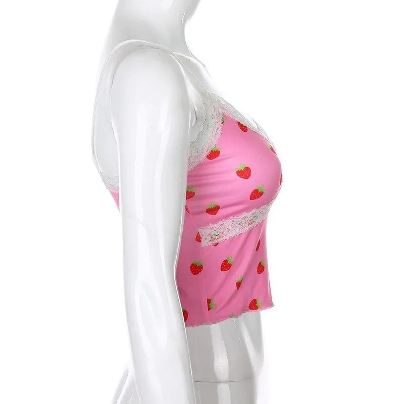 Pink Strawberry and White Lace Camisole Top: Cute top for indoors, outdoors, clubbing or nightwear
