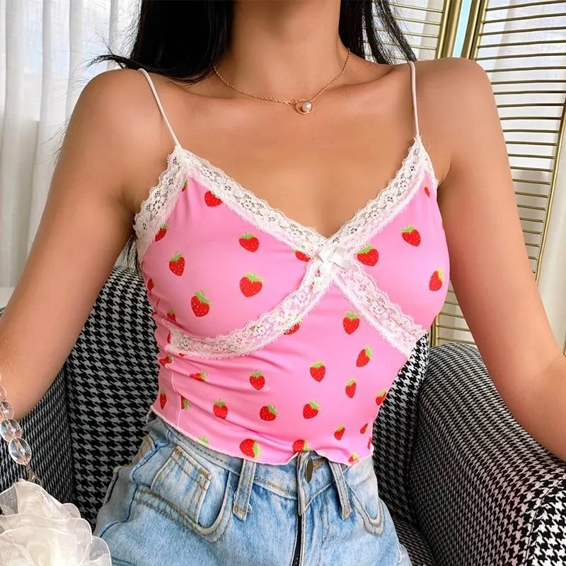 Pink Strawberry and White Lace Camisole Top: Cute top for indoors, outdoors, clubbing or nightwear