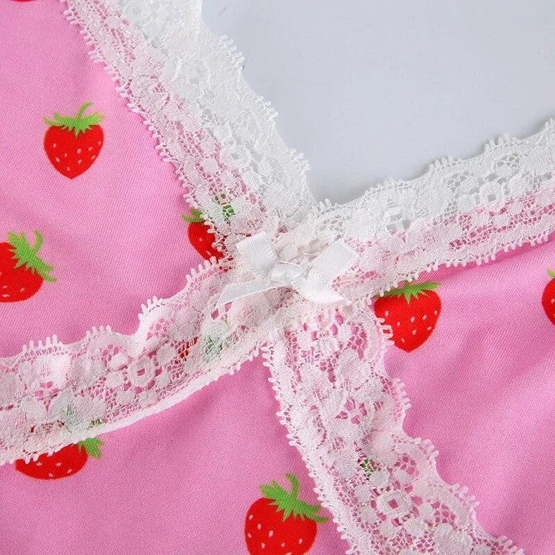 Pink Strawberry and White Lace Camisole Top: Cute top for indoors, outdoors, clubbing or nightwear