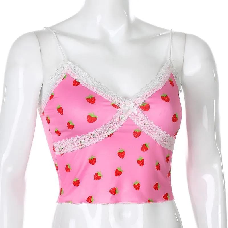 Pink Strawberry and White Lace Camisole Top: Cute top for indoors, outdoors, clubbing or nightwear