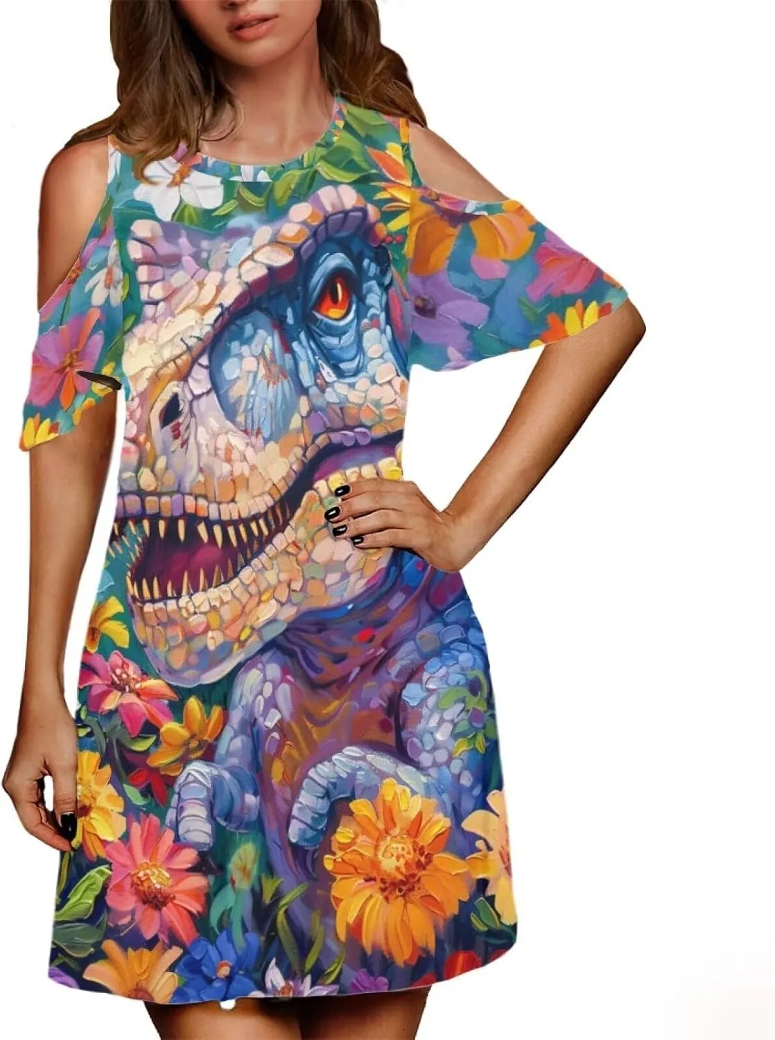 PinUp Angel Womens Summer Dress Casual Loose Short Sleeve Crew Neck Shift Artistic Oil Painting Animal Pattern Dresses