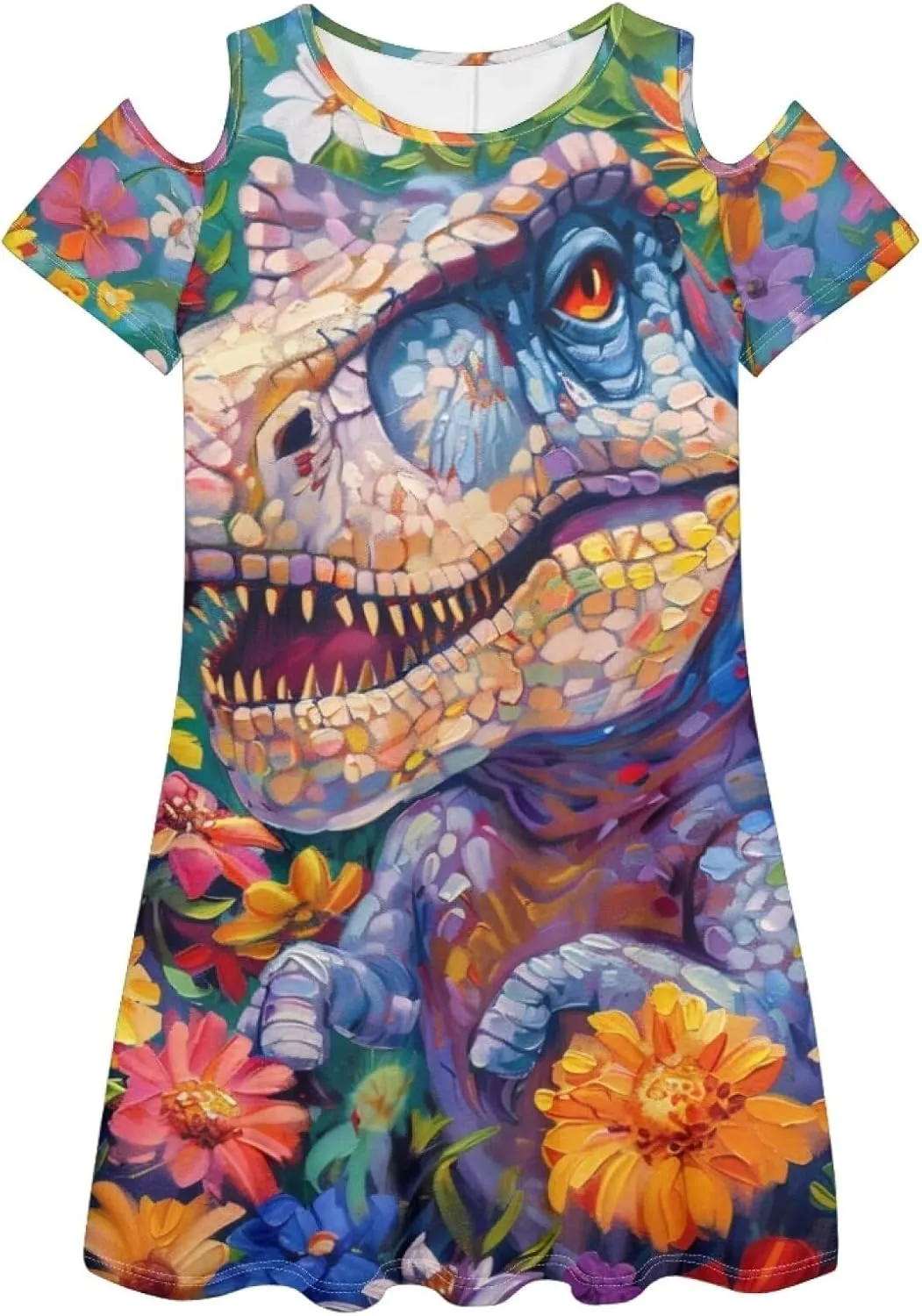 PinUp Angel Womens Summer Dress Casual Loose Short Sleeve Crew Neck Shift Artistic Oil Painting Animal Pattern Dresses