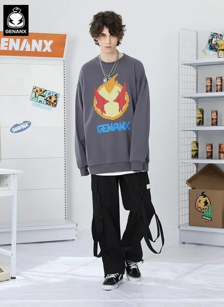 Pixel Cartoon Print Drop-Shoulder Sleeve Sweatshirt