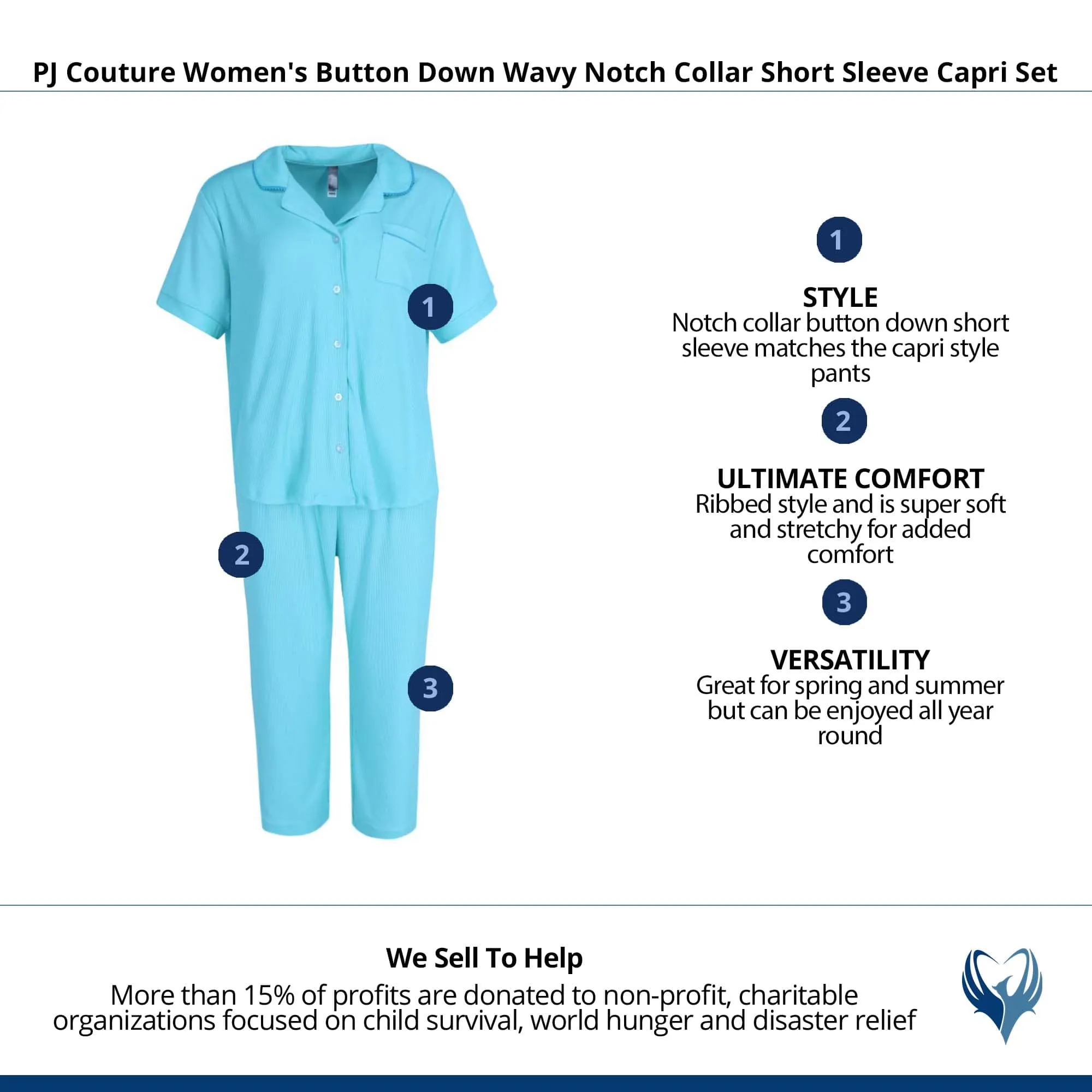 PJ Couture Women's Button Down Wavy Notch Collar Short Sleeve Capri Set